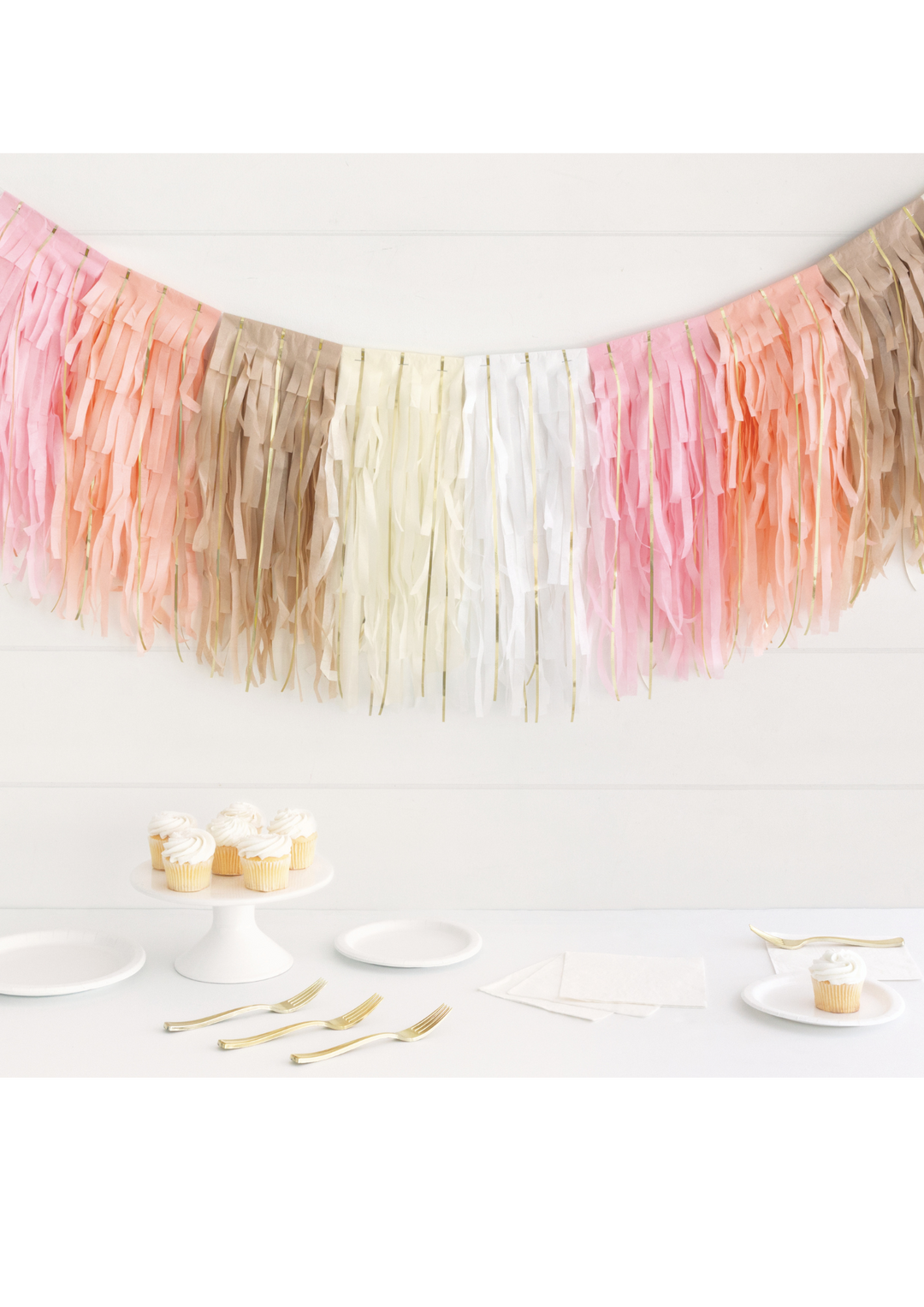 Layered Pink & White Tissue & Gold Foil Fringe Garland