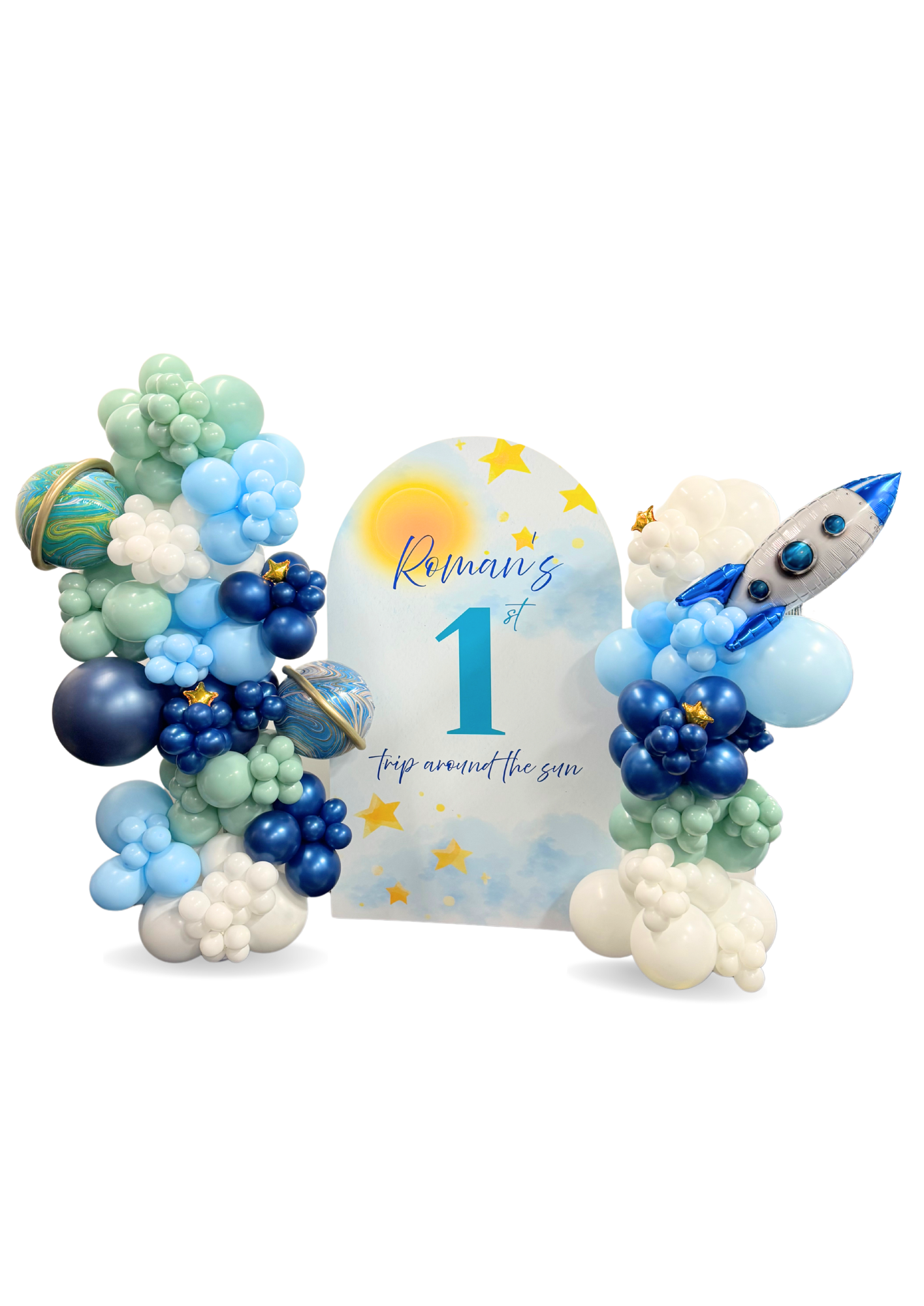 Custom backdrop  "first trip around the sun " Planet space themed balloon garland 6.5 foot backdrop (Copy)