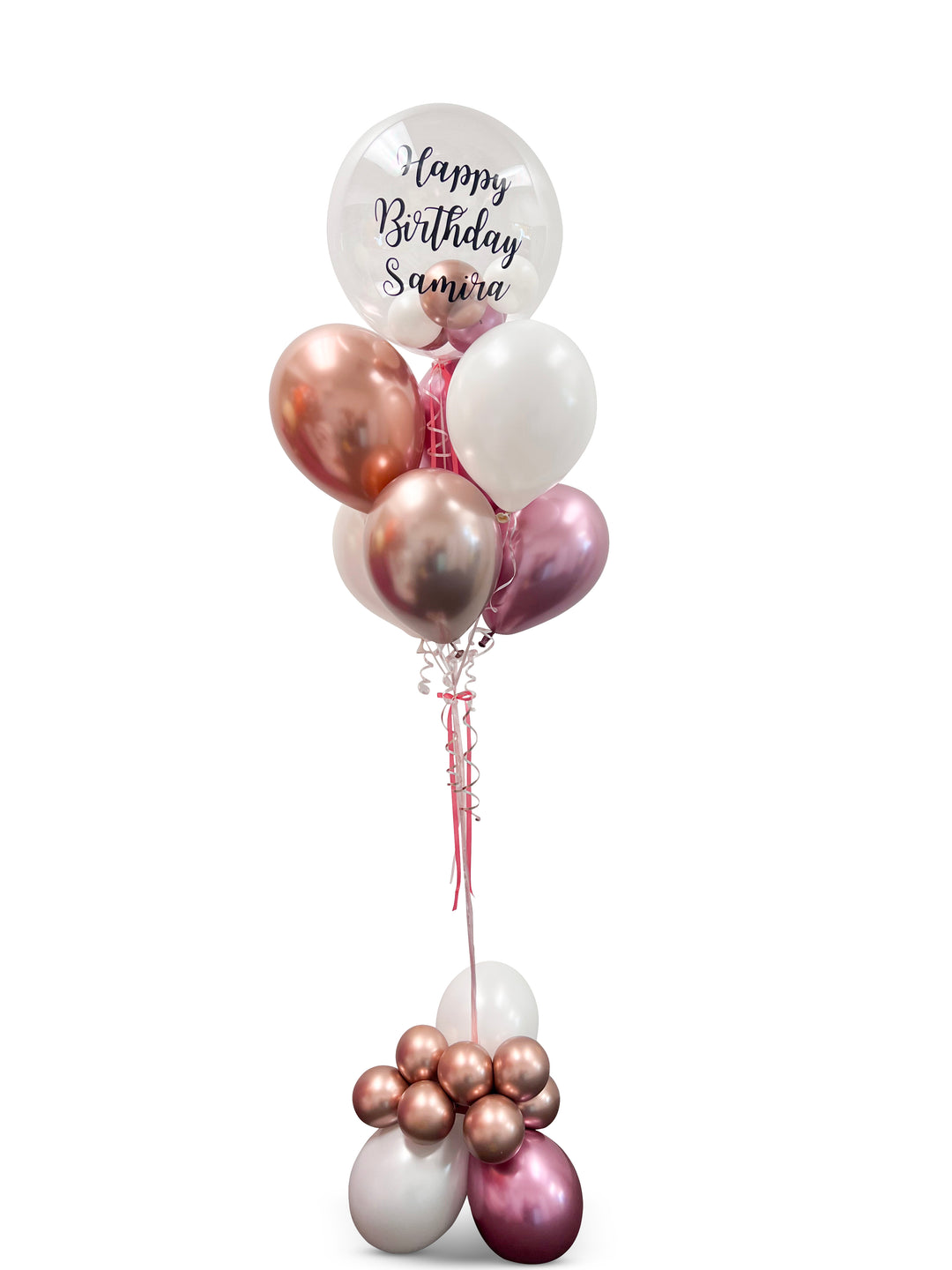 Custom 17" clear with 6 balloons under and minis inside with a bubble weight (bobo)