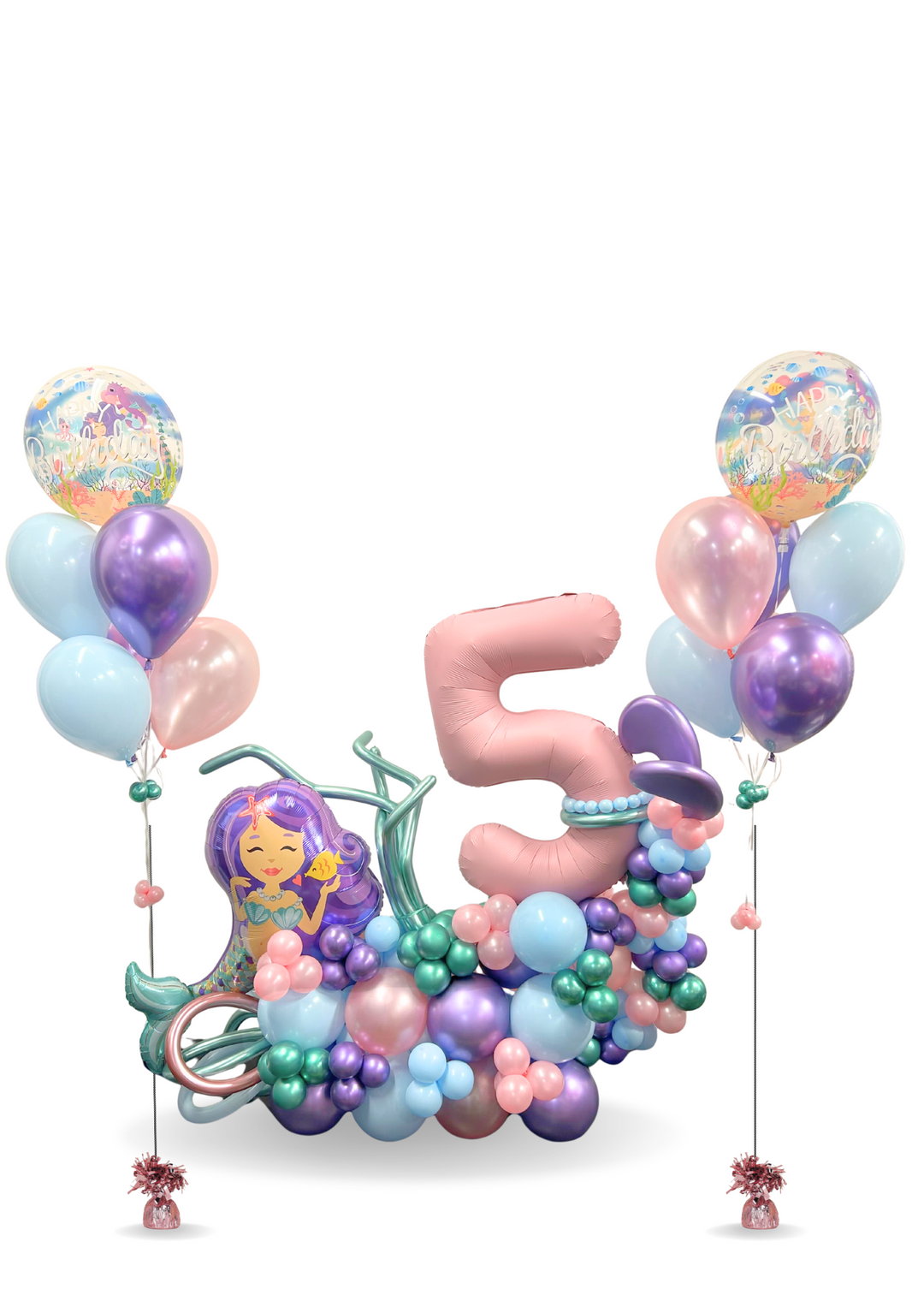 Mermaid number balloon cluster stand with mermaid bouquets