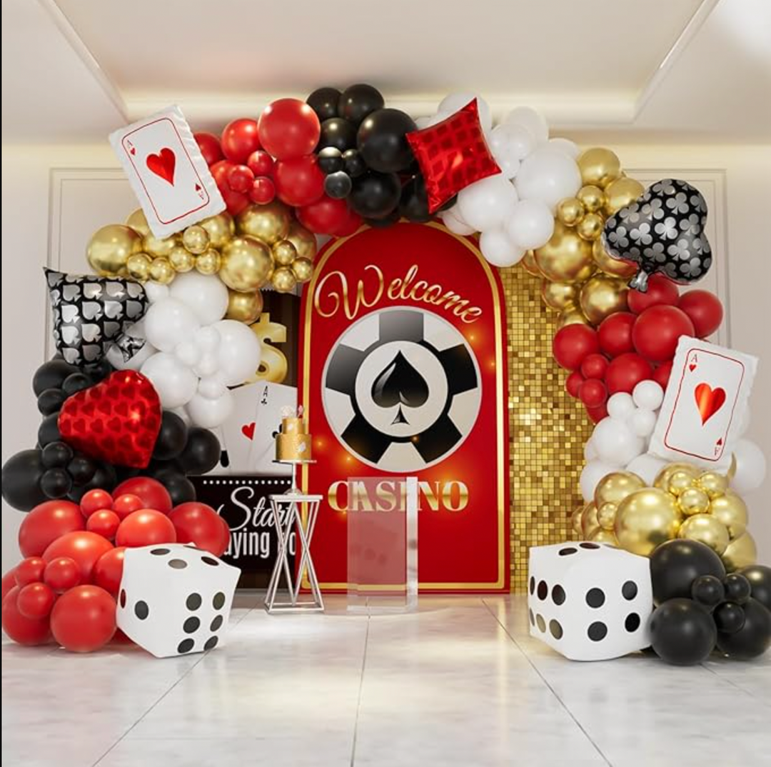 Casino Night Backdrop with Garland and Shimmmer wall and custom wall (Installation is additional charge)