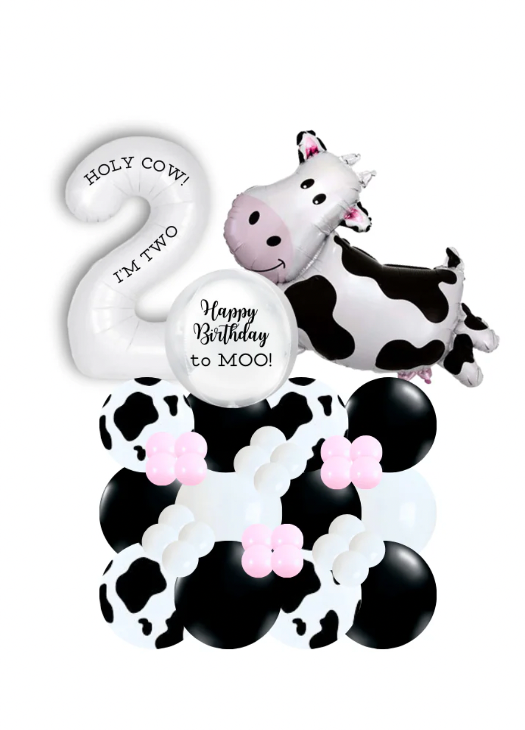 Holy Cow Birthday Balloon stand with number and custom message