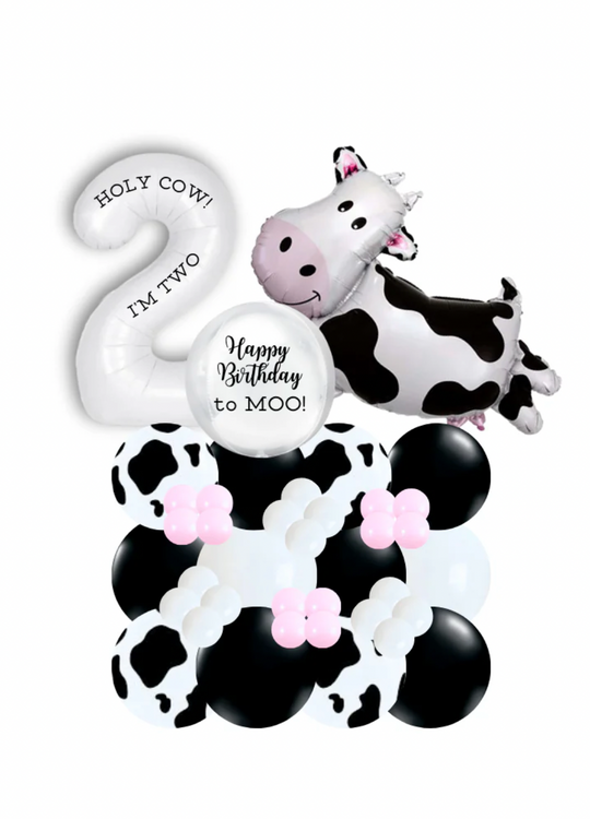 Holy Cow Birthday Balloon stand with number and custom message