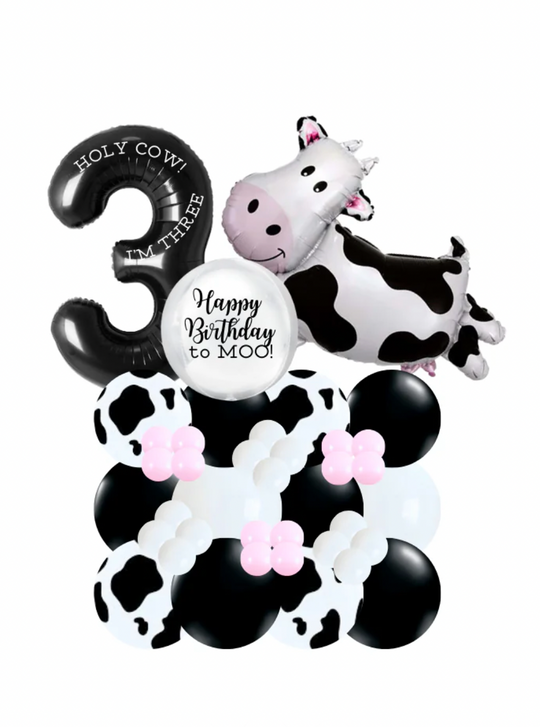 Holy Cow Birthday Balloon stand with number and custom message