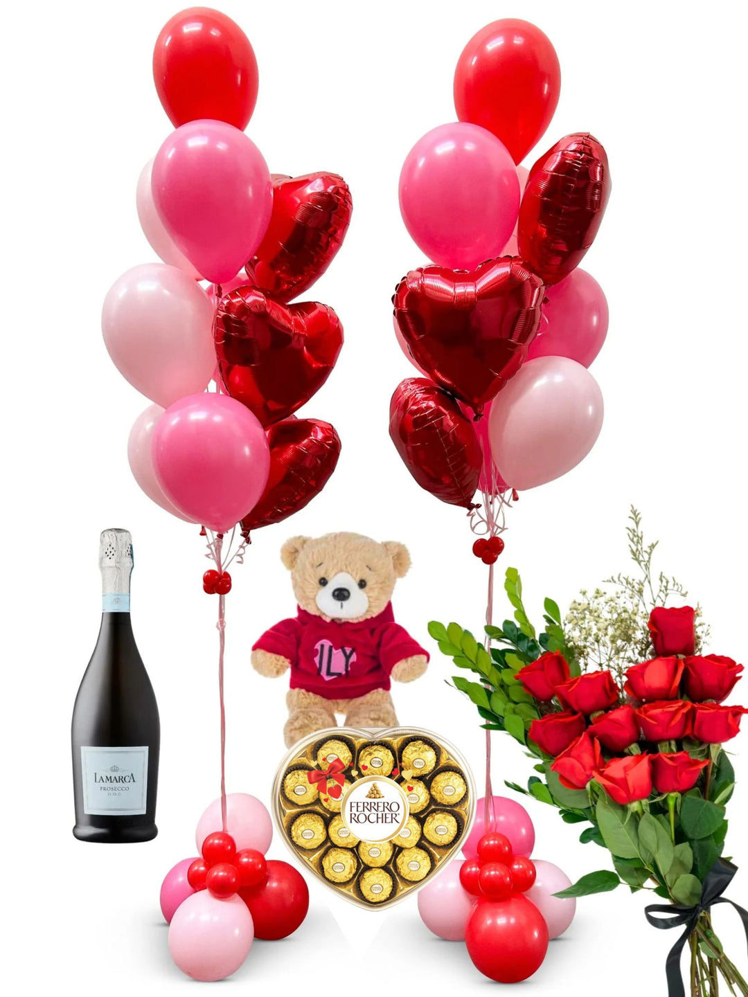 (INCLUDES 12 ROSES) Super V-Day Package - 2 Valentine's Day Bouquets, a Teddy Bear, 12 roses, chocolates and LaMarca