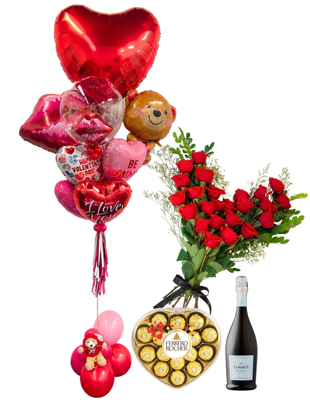 The Ultimate Valentine's Day Package - 1 Jumbo Foil Balloon Bouquet, A Teddy Bear, Chocolates, 24 Red Roses & a Bottle of La Marca