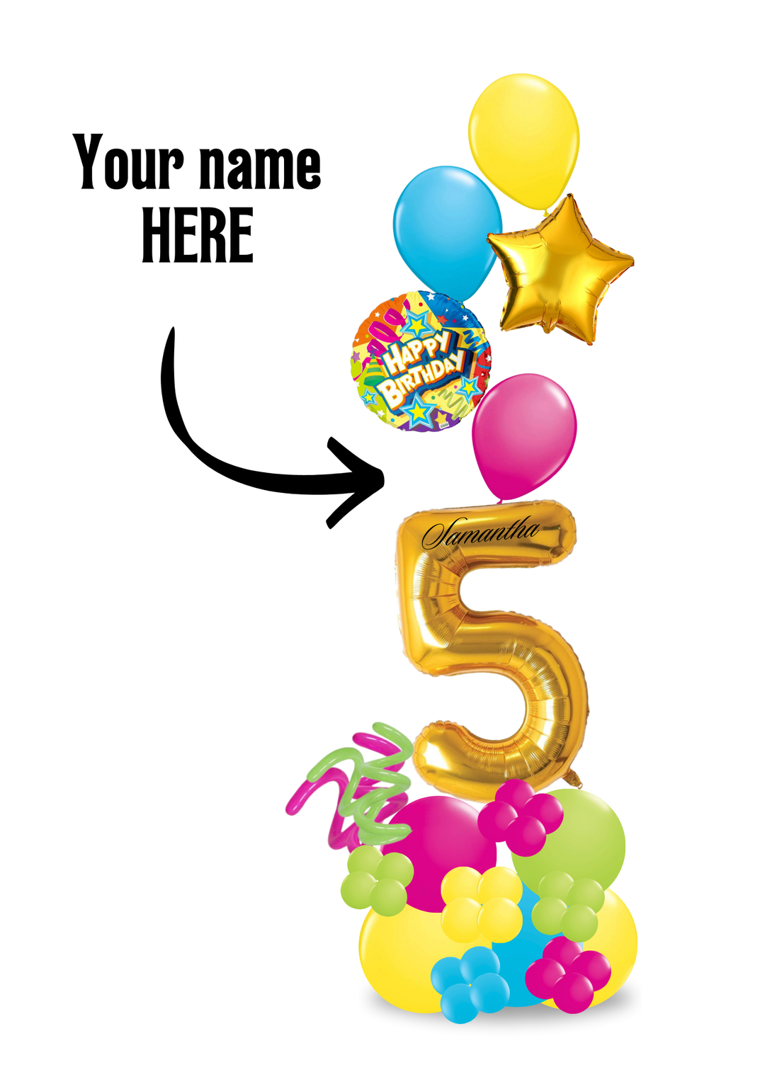 Happy Birthday balloon stand with Custom Number and Helium balloon bouquet