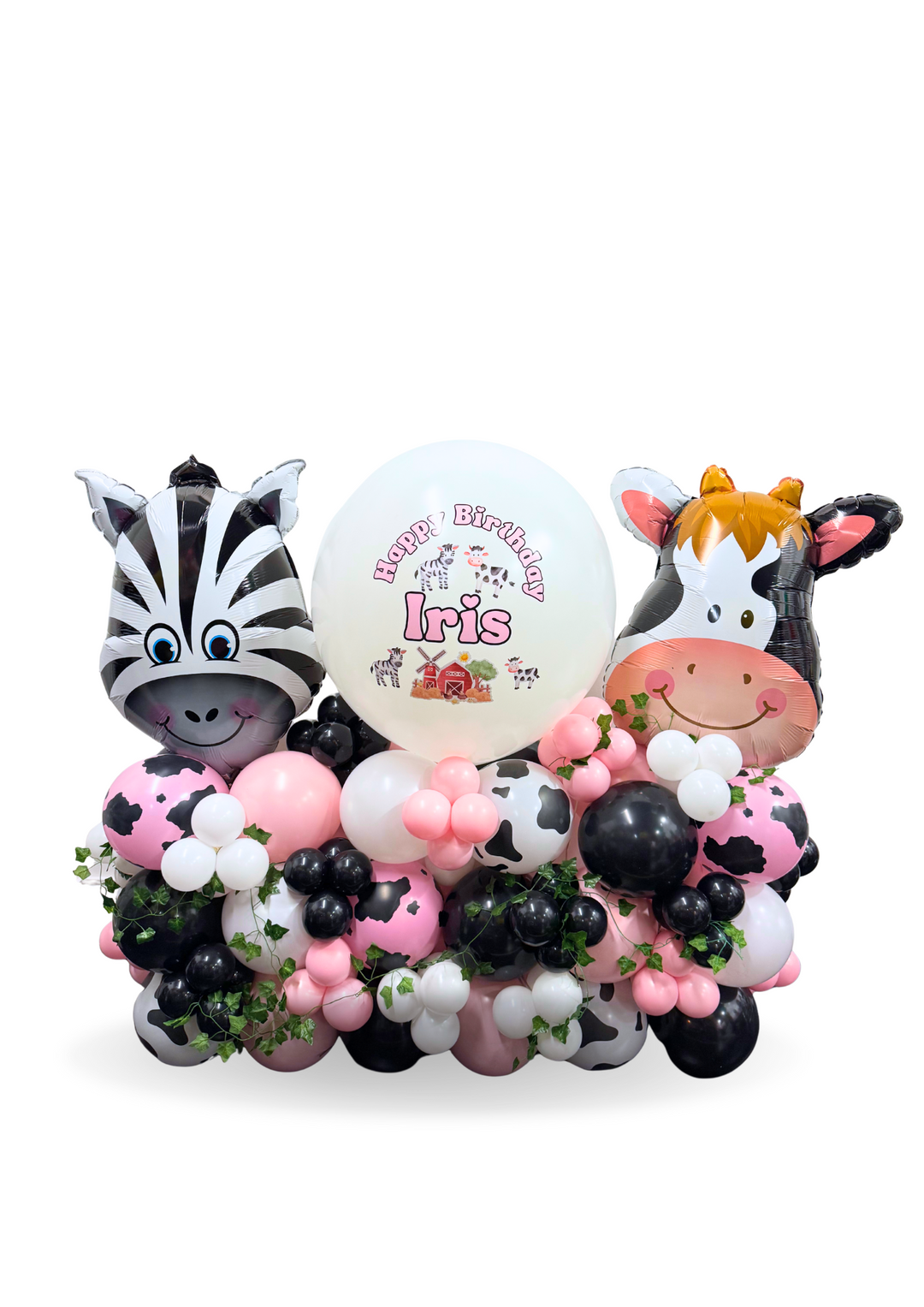 Zebra and Cow custom message birthday balloon stand (barnyard theme)