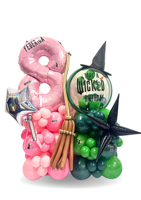 Wicked theme balloon birthday number stand with clear bobo and broom accent