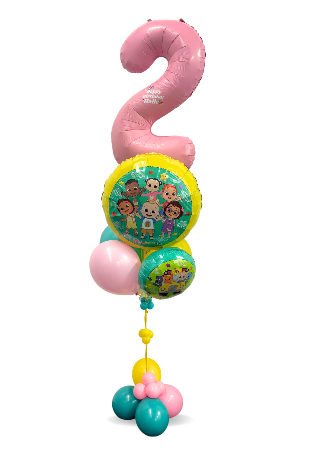 Coco Melon Birthday balloon arrangement with custom message