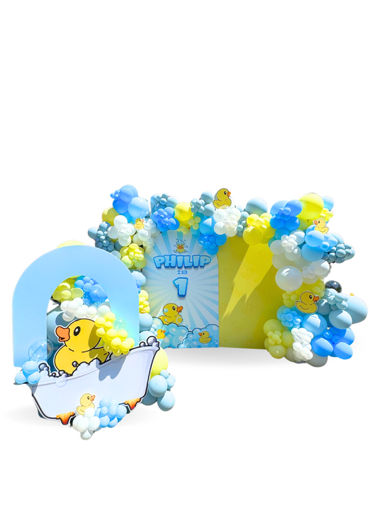 Rubber Ducky theme custom backdrop wall and balloon garland