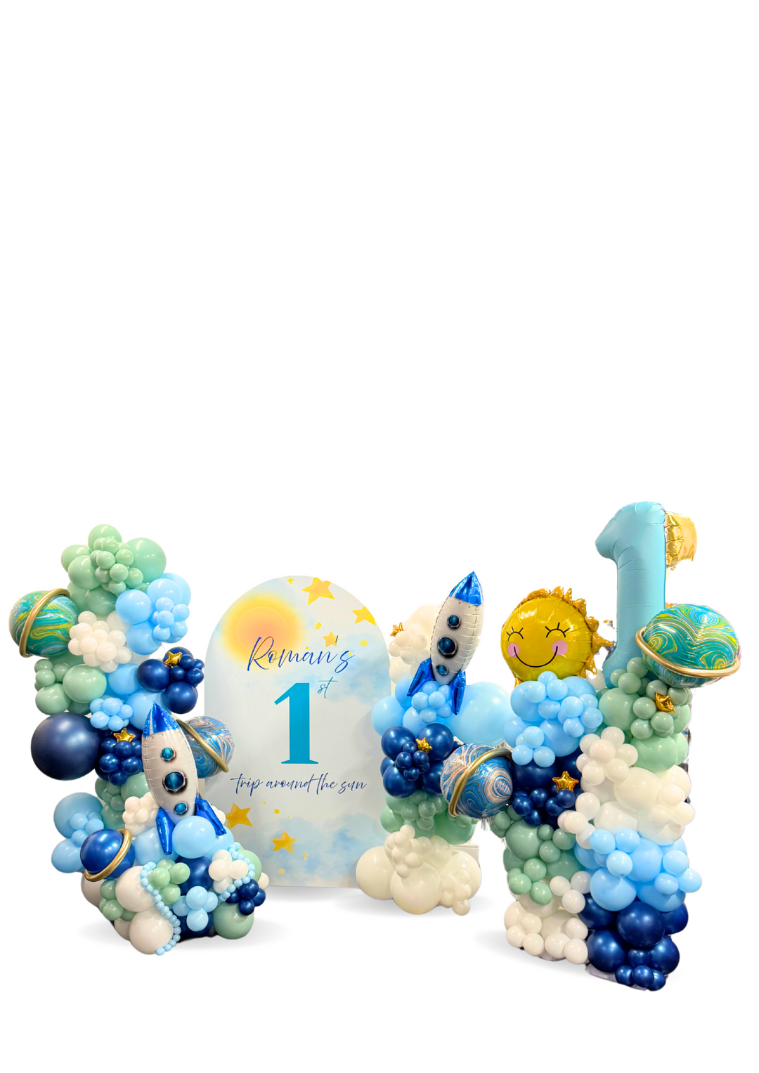Space theme first birthday balloon and custom walls (1st trip around the sun)