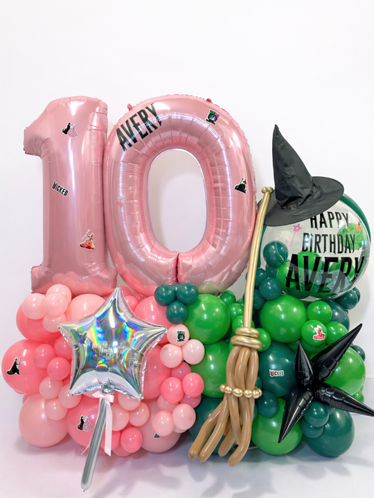 Wicked theme balloon birthday number stand with clear bobo and broom accent