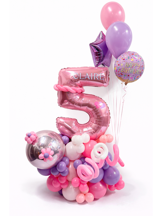 Happy Birthday balloon stand with Custom Number and Helium balloon bouquet