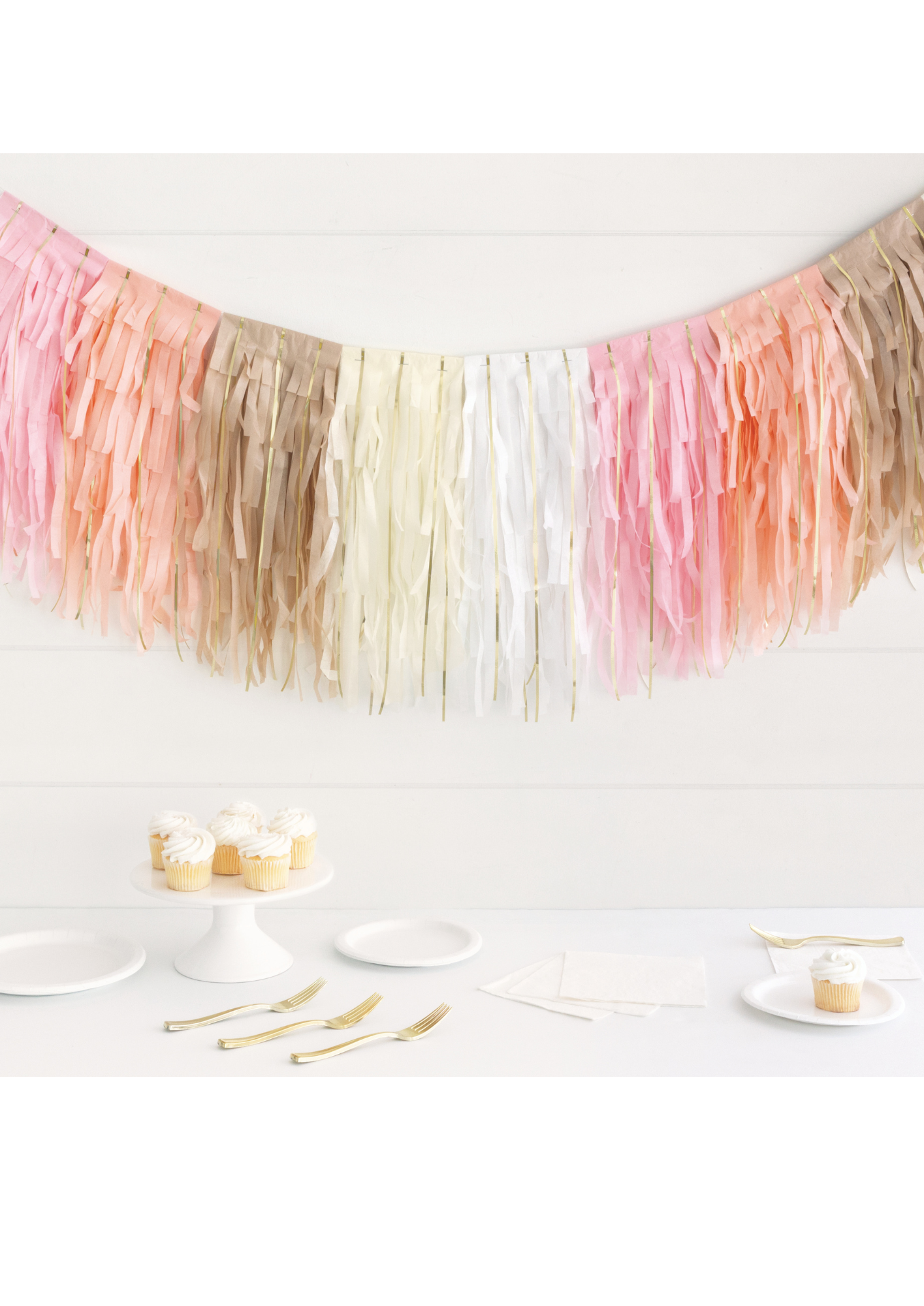 Layered Pink & White Tissue & Gold Foil Fringe Garland
