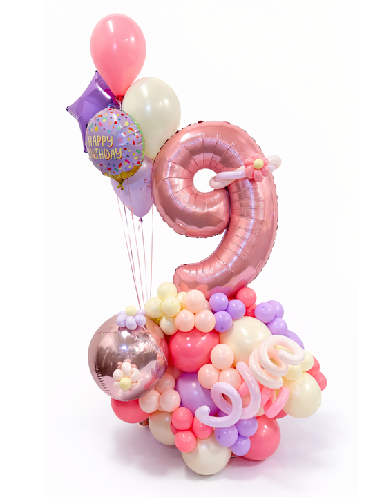 Happy Birthday balloon stand with Custom Number and Helium balloon bouquet