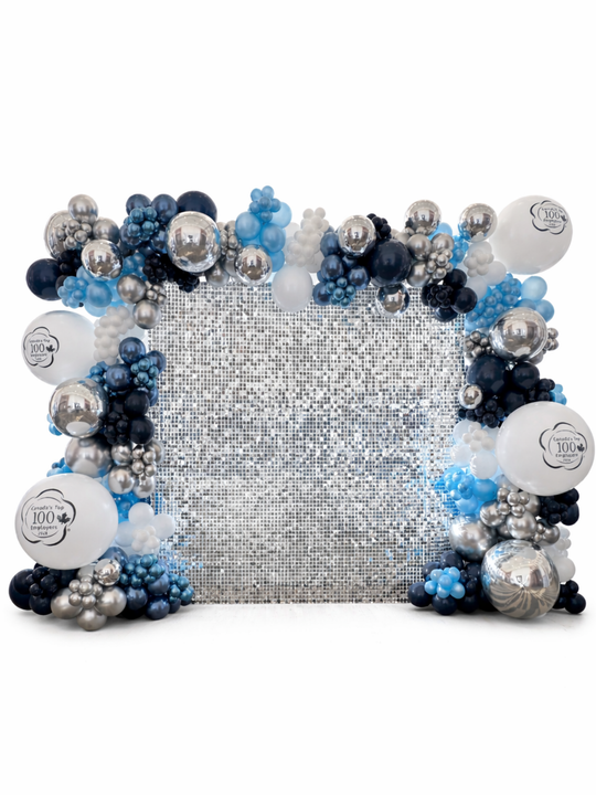 SILVER Shimmer Wall Backdrop with 27ft balloon garland
