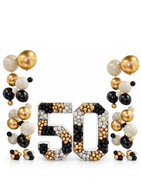 Two Number 4ft Mosaic Number filled with Balloons (72 hour rental) package with floating bouquets