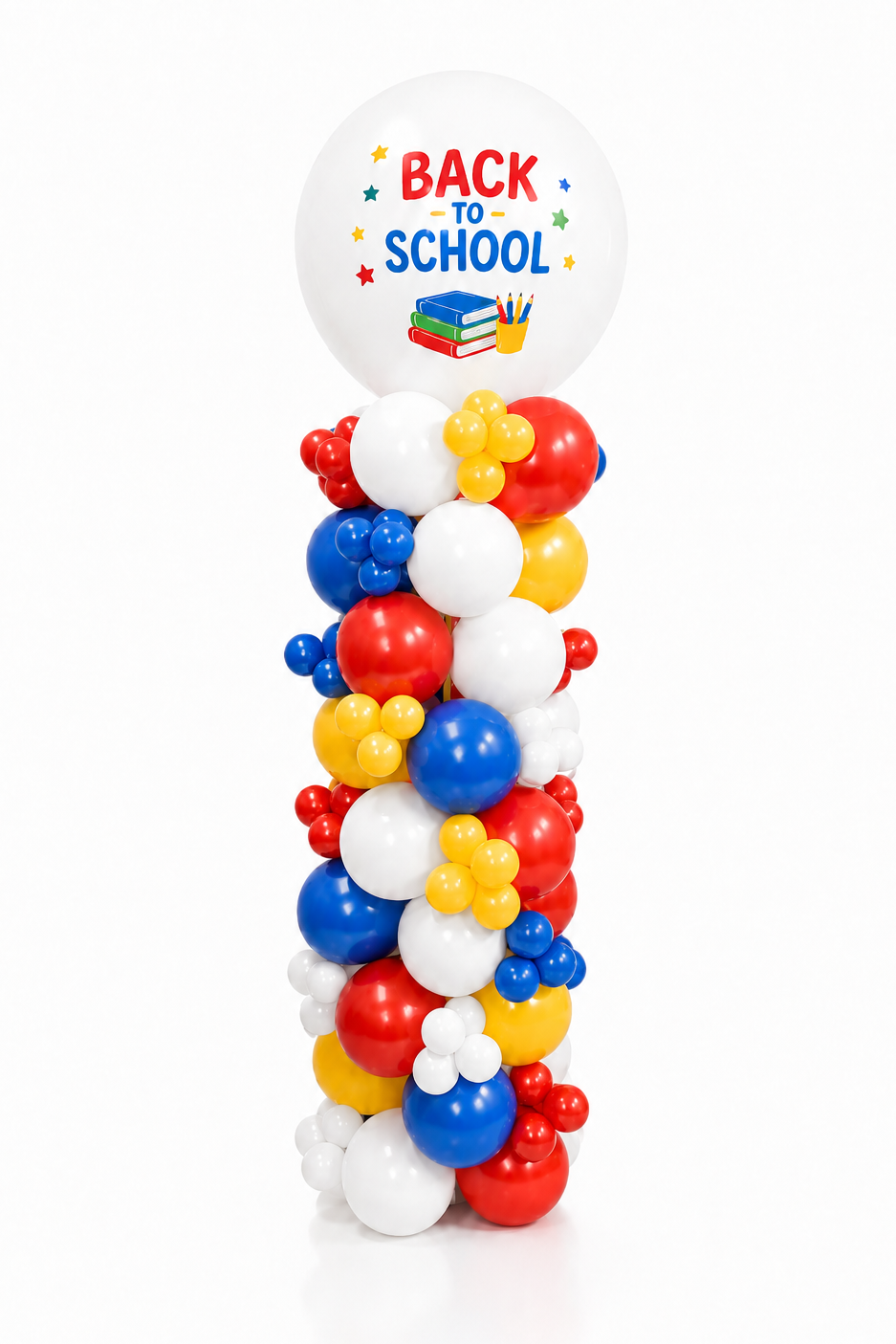 A back-to-school balloon decoration featuring a tall column of red, white, and blue balloons with a white balloon on top printed with 'BACK TO SCHOOL' in colorful letters.
