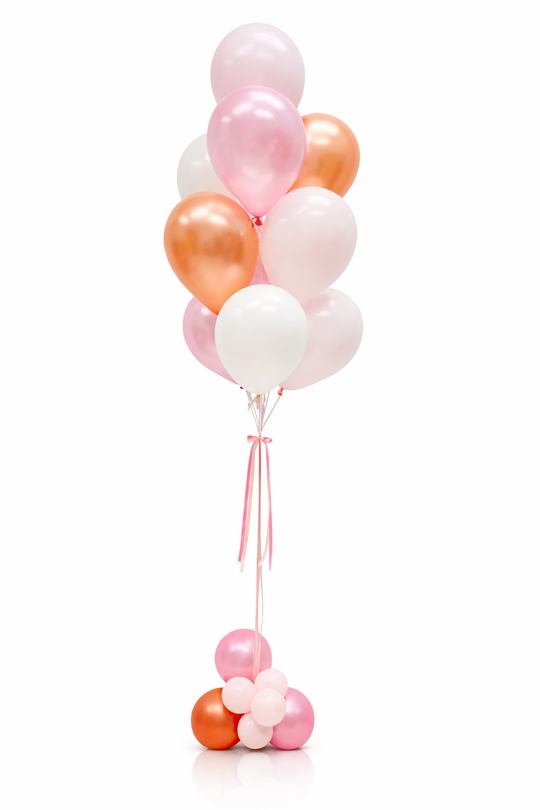 Bunch of pink, orange, and white balloons on a white background