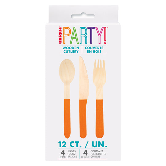 Orange Disposable Wooden Cutlery Set for 4 Guests