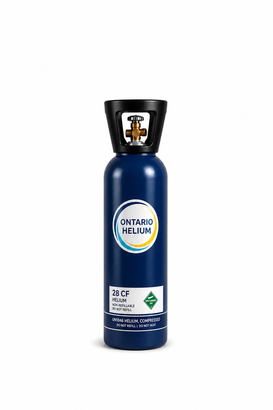 Blue helium canister with 'Ontario Helium' branding on a white background
