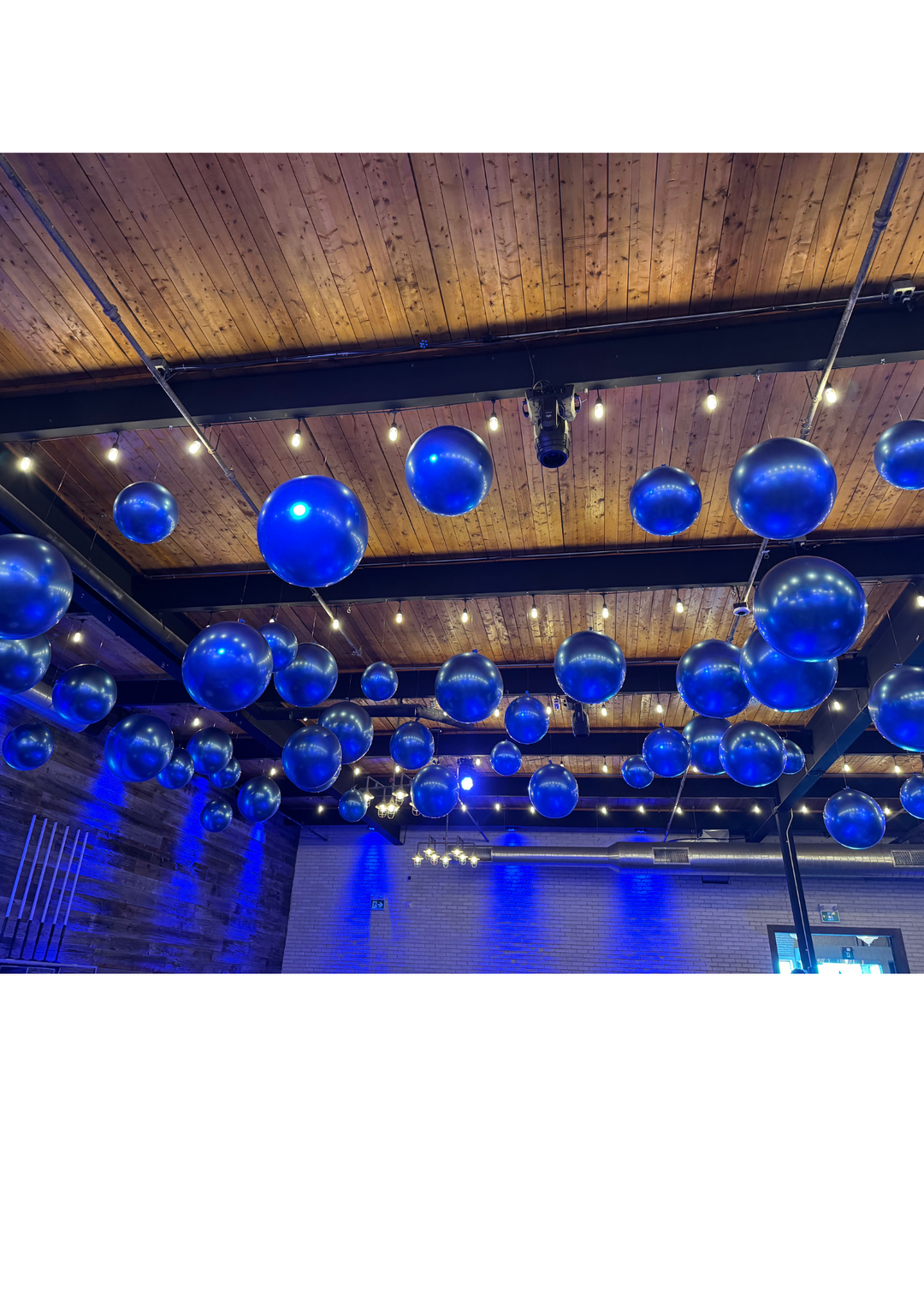 3ft air filled ceiling balloons install (specialized chrome blue)