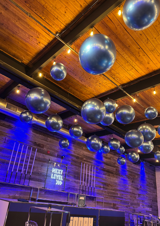 3ft air filled ceiling balloons install (specialized chrome blue)