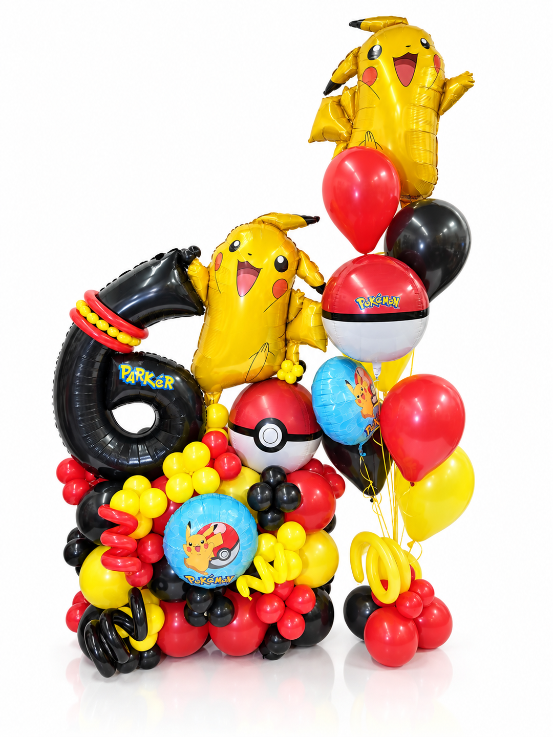 Pokemon balloon stand with custom message and bouquet