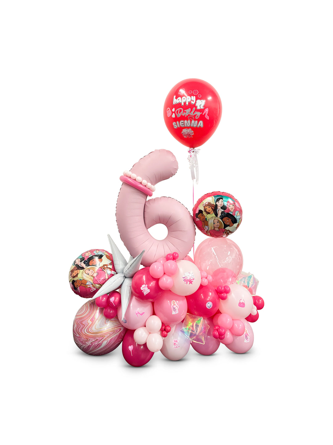 Barbie Balloon Birthday cluster stand with custom message balloon