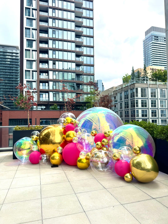 Sphere balloon install with gold and iridescent