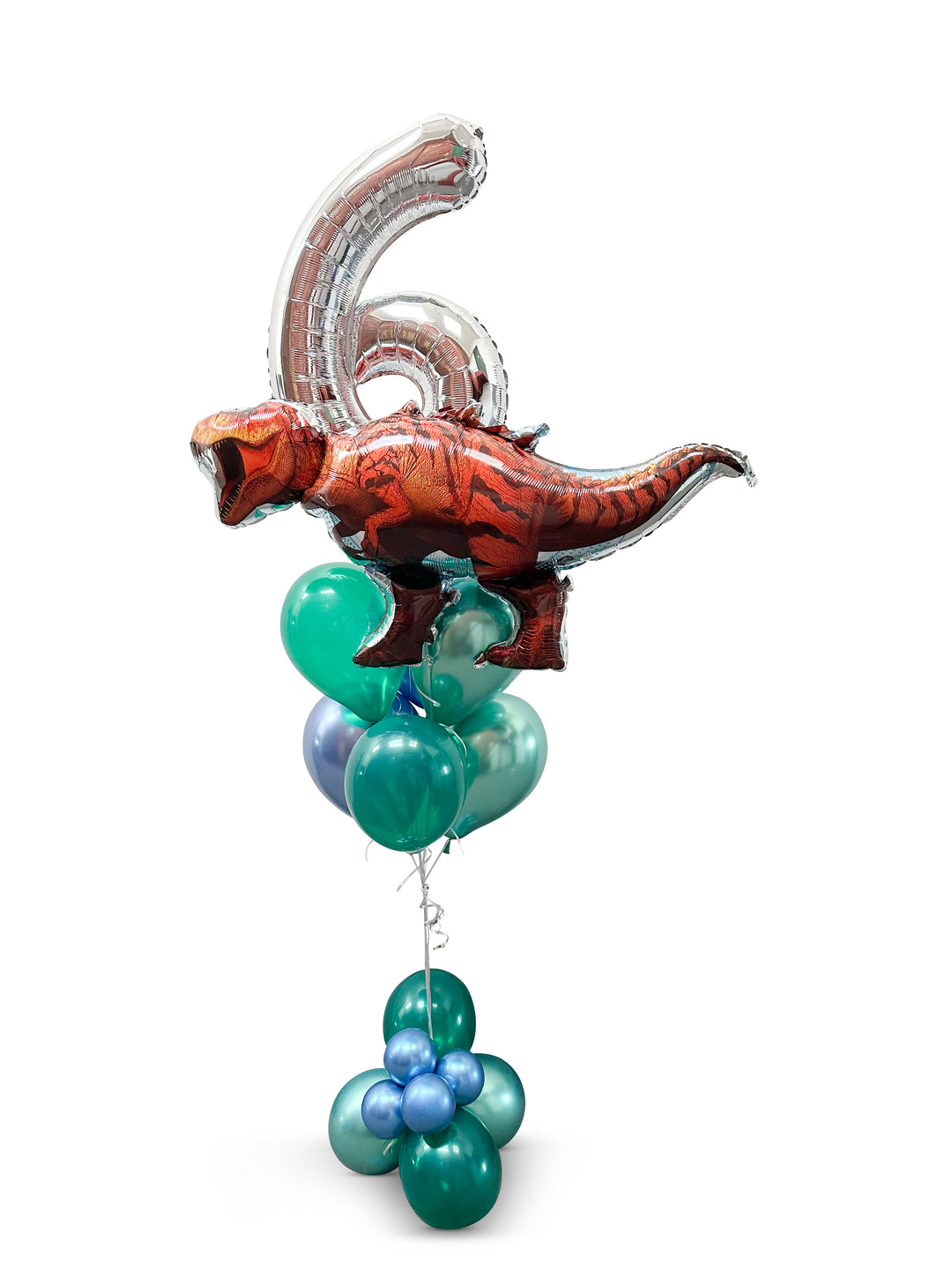Balloon bouquet with bubble cluster weight and dinosaur