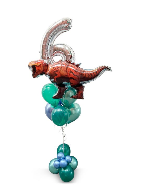 Balloon bouquet with bubble cluster weight and dinosaur T Rex