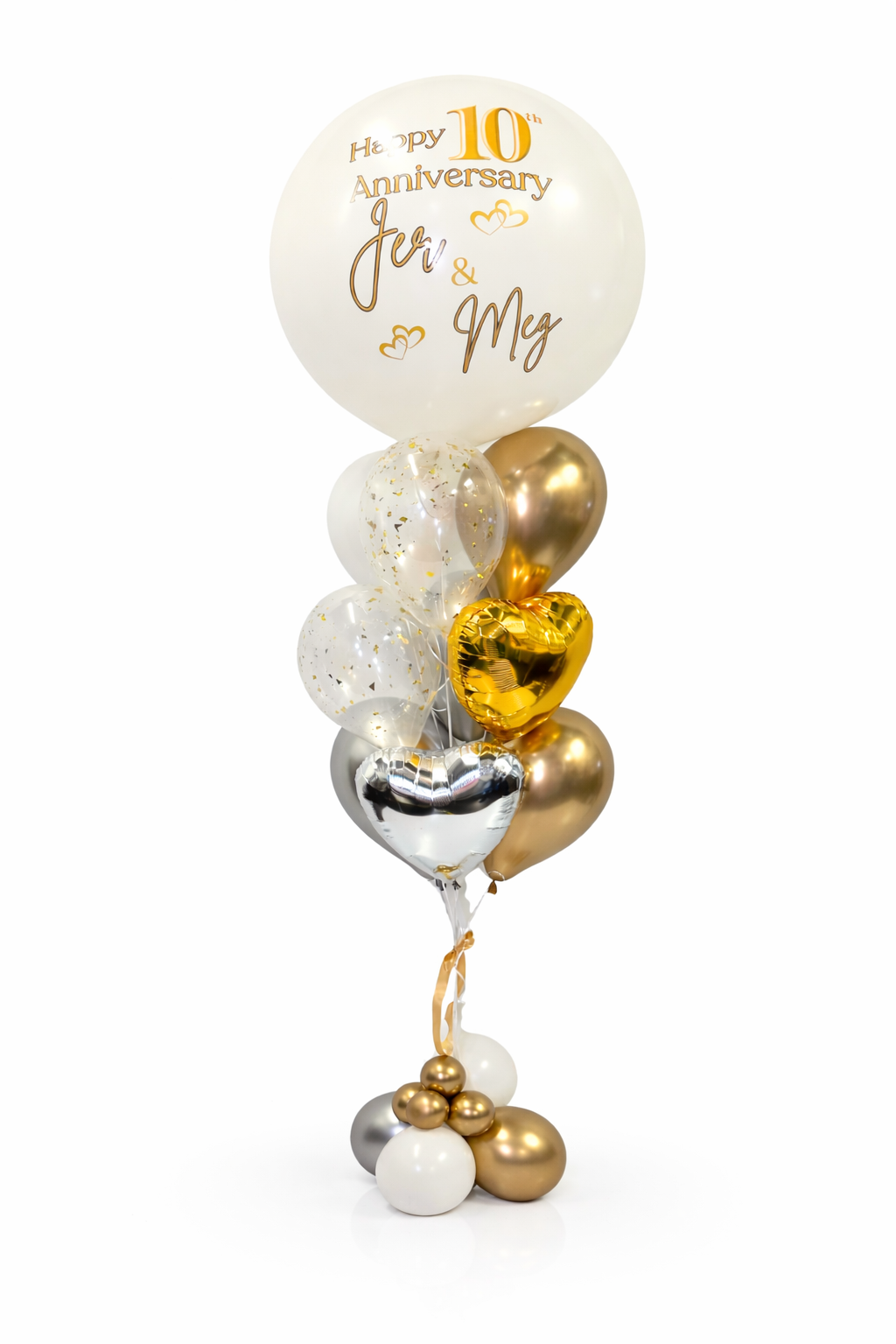 Decorative balloon bouquet with gold, silver, and white balloons on a white background