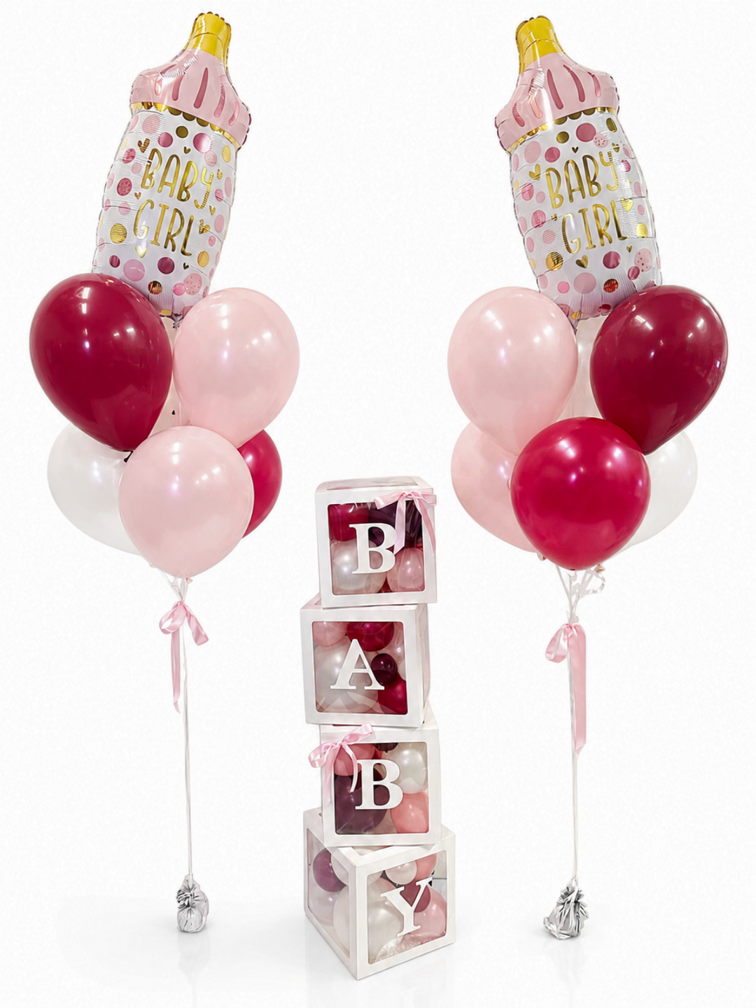 Baby Blocks and Balloon Bouquet Package with baby bottle  (girl)