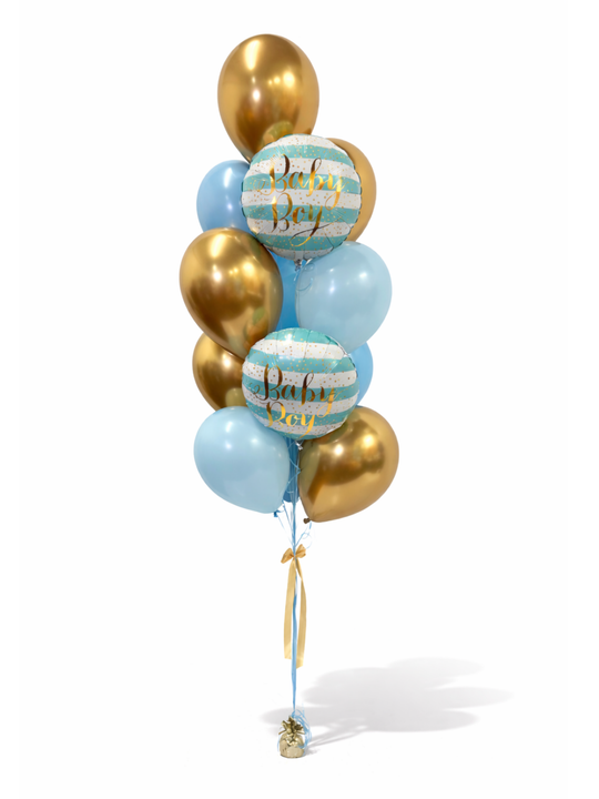 Balloon bouquet with 'Baby Boy' text on a white background