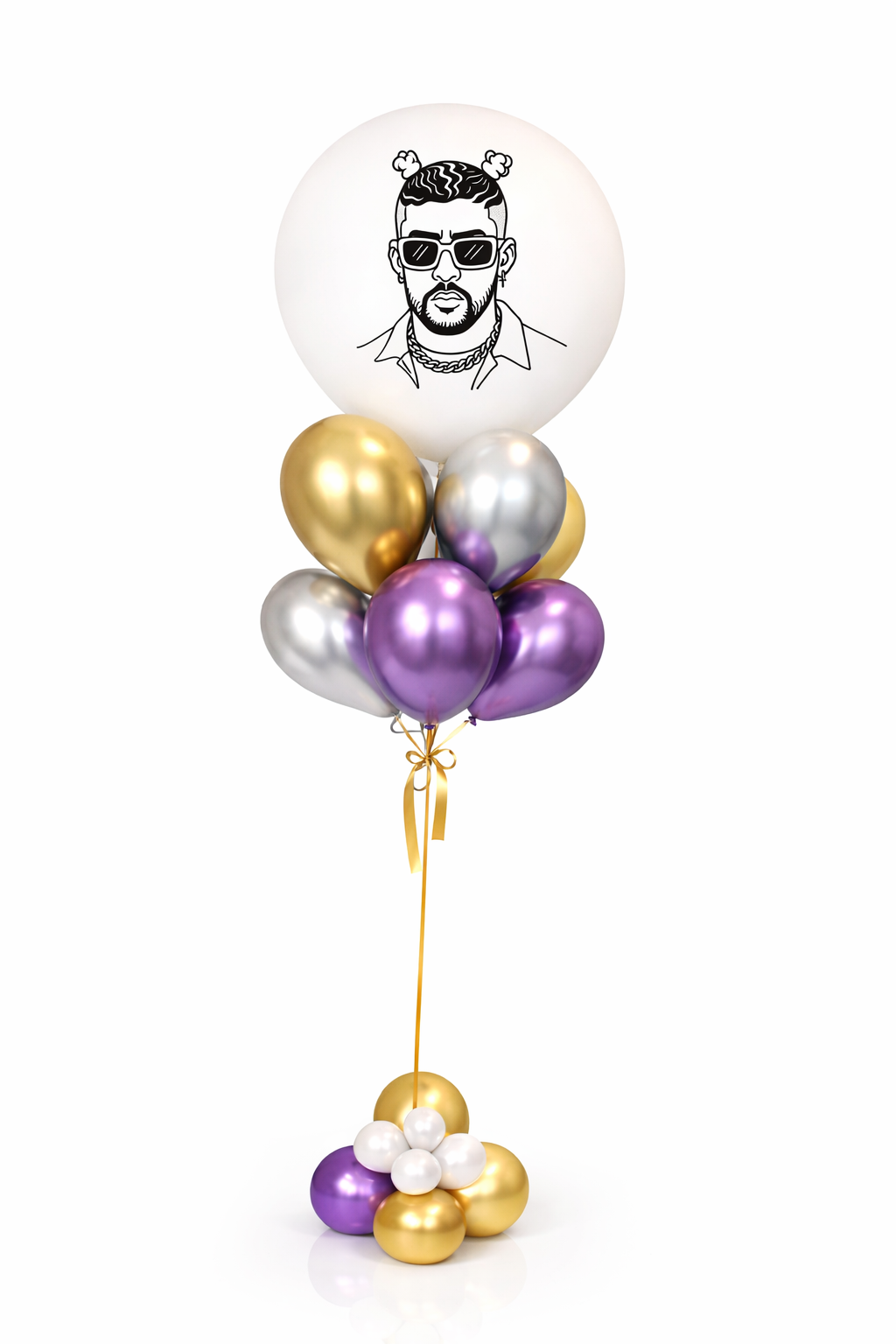 Balloon bouquet with a face design on a white background