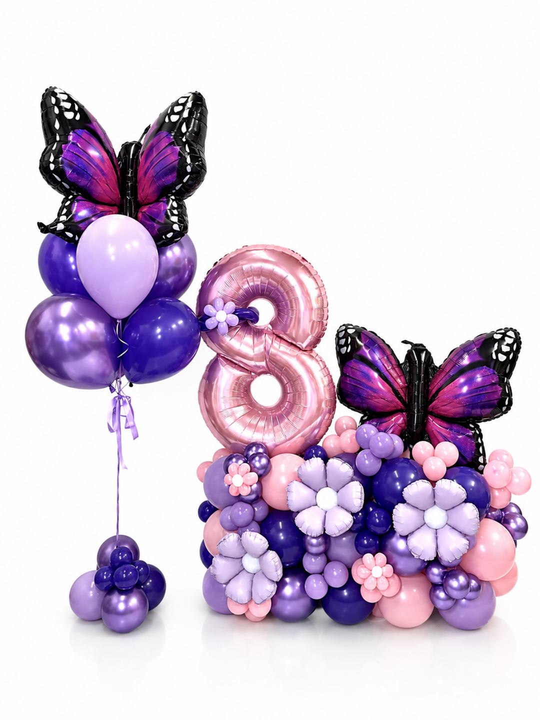 Butterfly Balloon Birthday Cluster Stand with butterfly bouquet