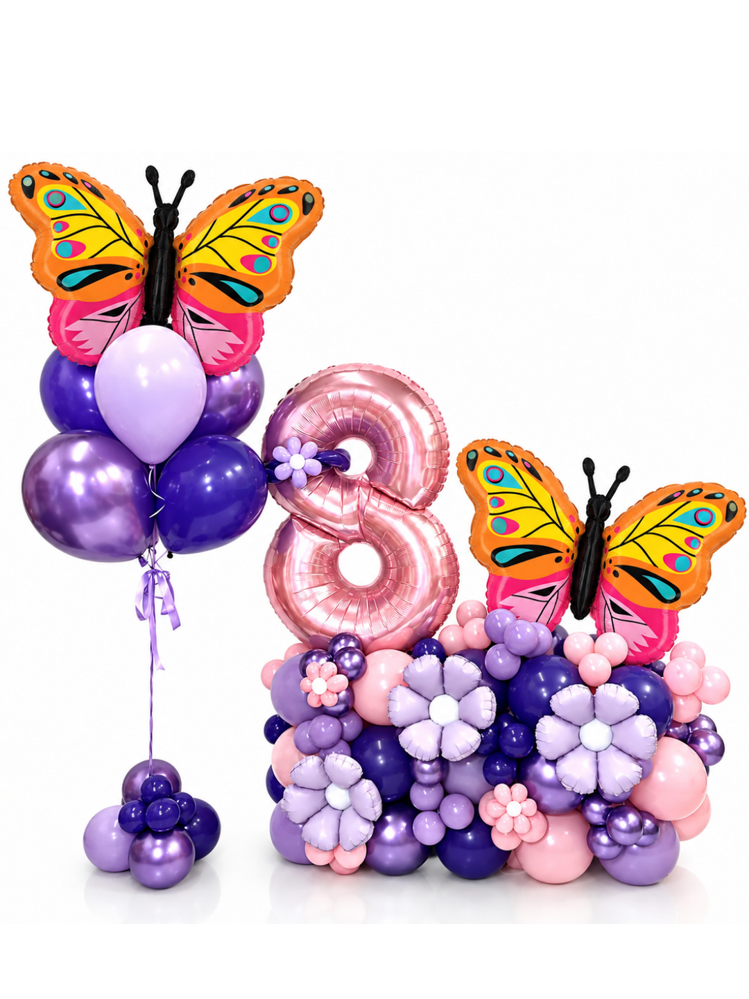 Butterfly Balloon Birthday Cluster Stand with butterfly bouquet