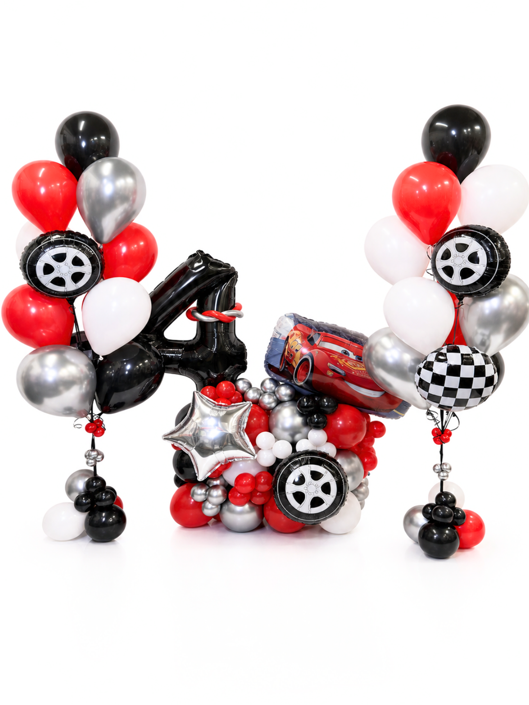 Cars Birthday Balloon Cluster Stand with matching bouquets Lightning Mcqueen