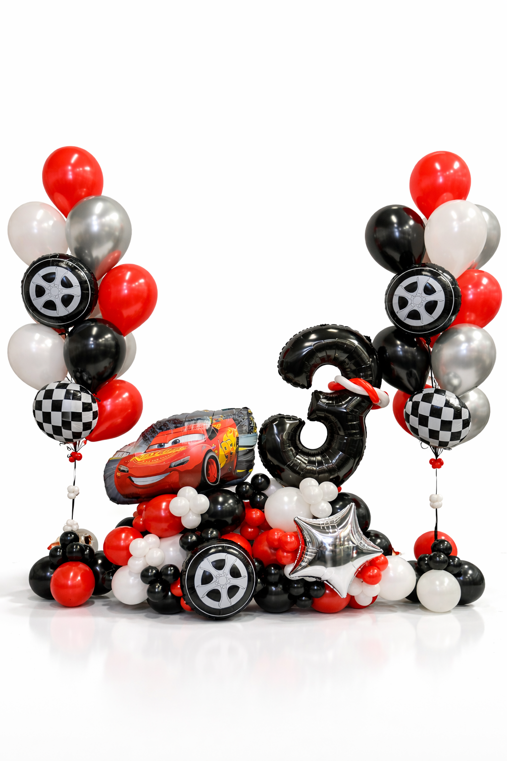 Cars Birthday Balloon Cluster Stand with two Jumbo bouquets