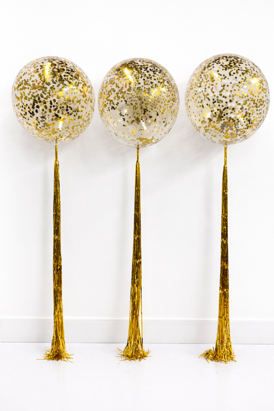 30" Clear Jumbo Clear Bobo Balloon with Gold Confetti and Tinsel tail (qty1)