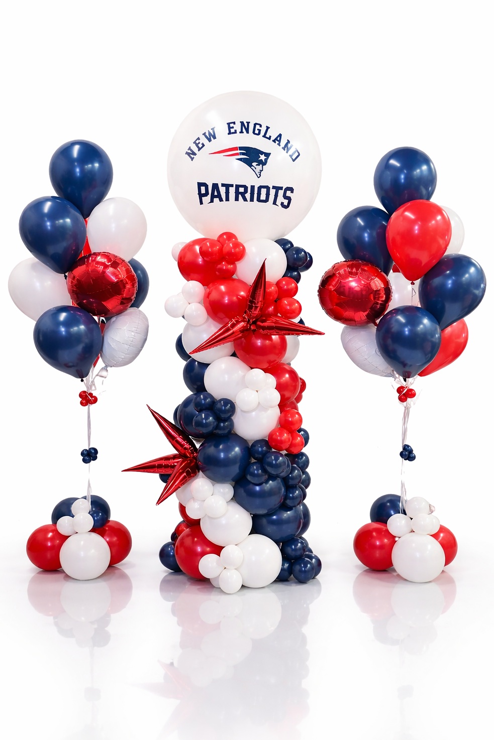 Balloon arch with New England Patriots logo on a white background