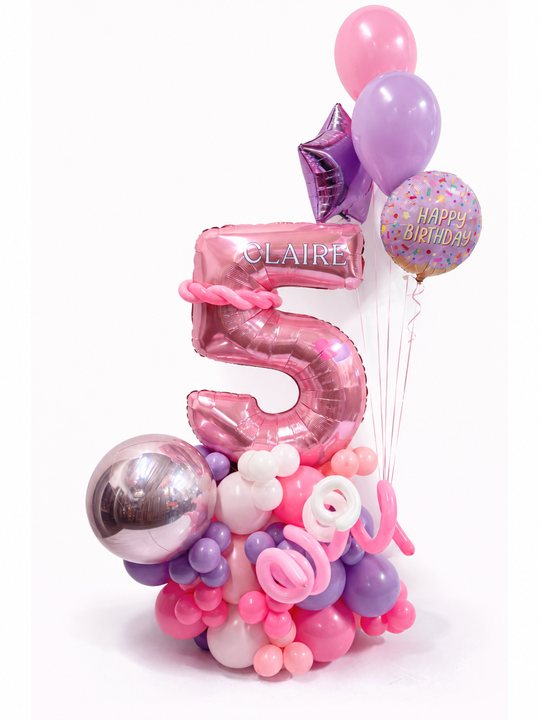 Happy Birthday balloon stand with Custom Number and Helium balloon bouquet