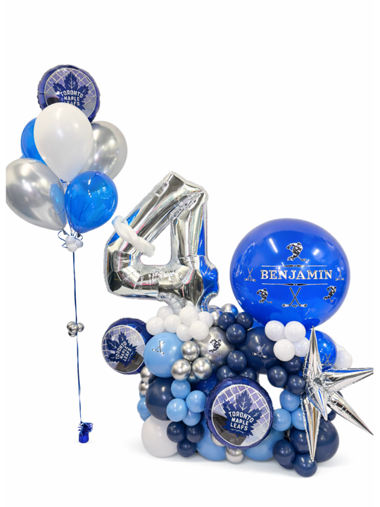 Custom Message hockey theme birthday number stand and matching balloon bouquet
