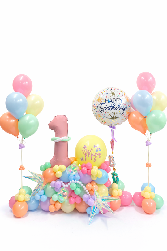 Number balloon stand with custom message 2 bouquets and Happy Birthday Balloon