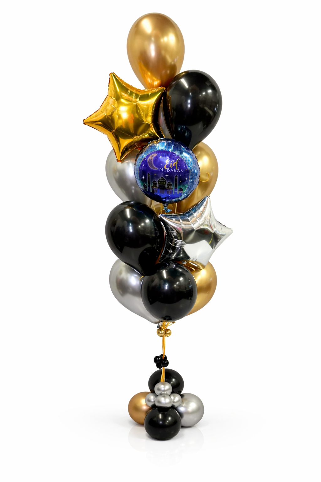 Balloon bouquet with gold, black, silver, and blue balloons on a white background