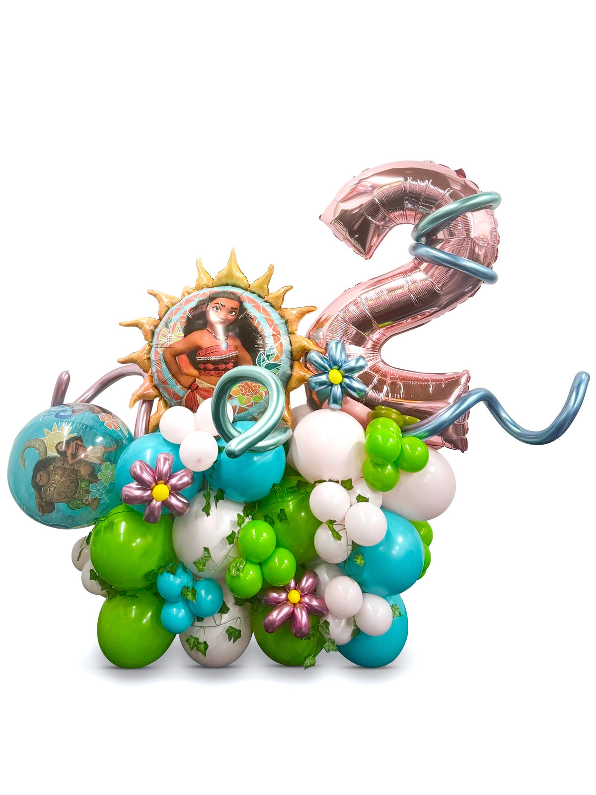 A colorful balloon cluster stand featuring character-themed balloons from the Moana movie, including shapes of Moana, Maui, and other animated elements, arranged to form a number '2' and include floral designs.