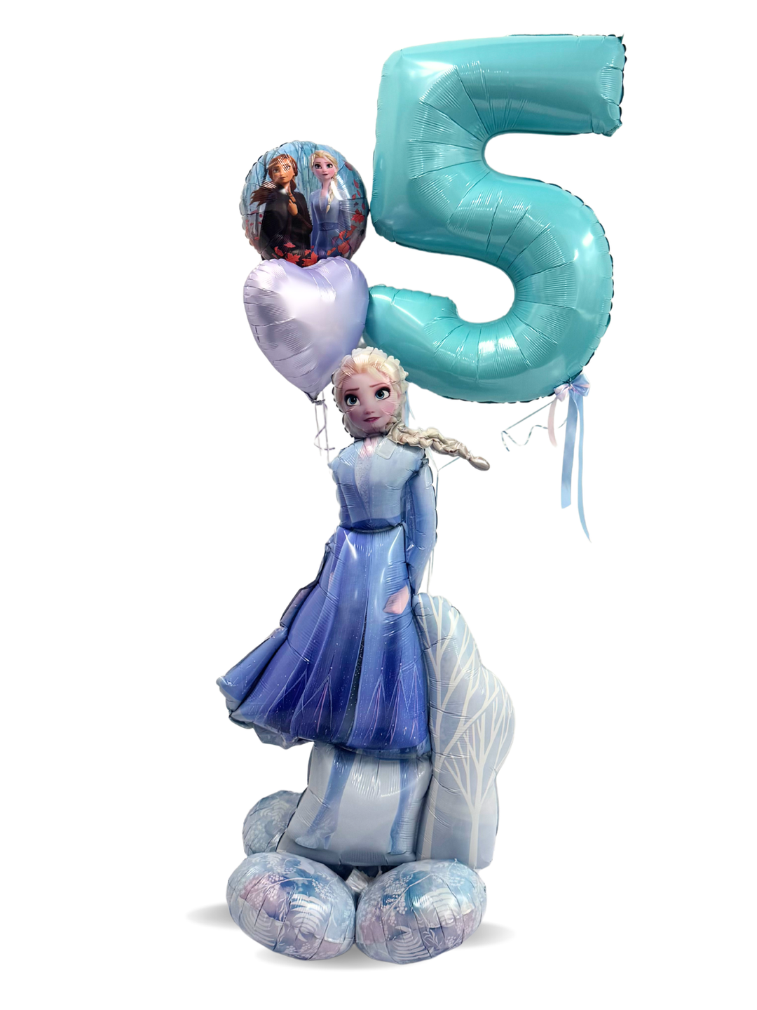 Balloon arrangement with Elsa from Frozen, number 5 balloon, and smaller heart-shaped balloon on a white background