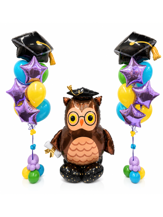 Grad_Wise_Owl_Airloonz_with_matching_balloon_bouquets